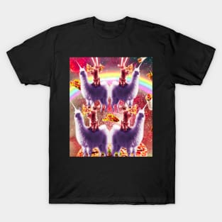 Space Cat Riding Llama, Rainbow Laser Galaxy Cats Pizza T-Shirt